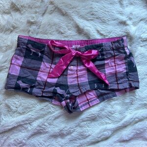 Y2K VS PINK micro shorts with plaid vintage dog design + satin drawstring